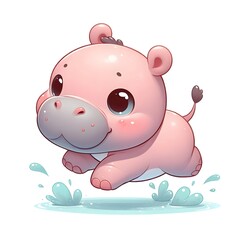 Fototapeta premium Cute Cartoon Hippopotamus Jumping in Water