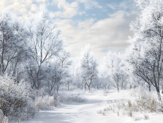 Obraz premium A serene winter landscape with frosted trees and a snowy path.