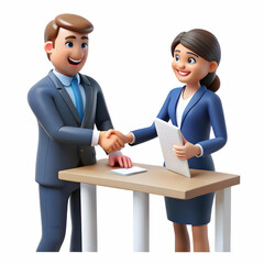 Obraz premium Businessman and Businesswoman Sealing a Deal by Exchanging Documents Over Desk in Bright Office � Medium Shot of Professionals Smiling in Successful Agreement, Ample Copy Space for Marketing