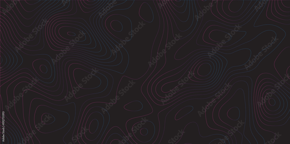 Poster Abstract black colorful gradient Topographic line map pattern background. Contour elevation topographic and textured Background Modern design with black background with topographic wavy Patte and dot	