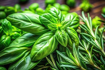 Obraz premium Fresh green organic basil and rosemary leaves close-up