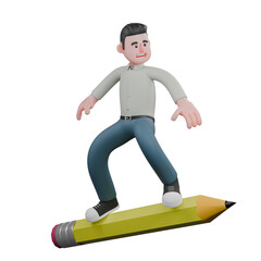 3D Male Writer. A male writer stands on a large pencil, as if surfing. Professional Literary Character