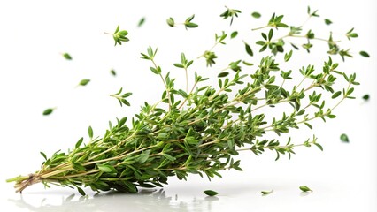 Obraz premium Fresh green thyme herb falling in the air isolated on white background