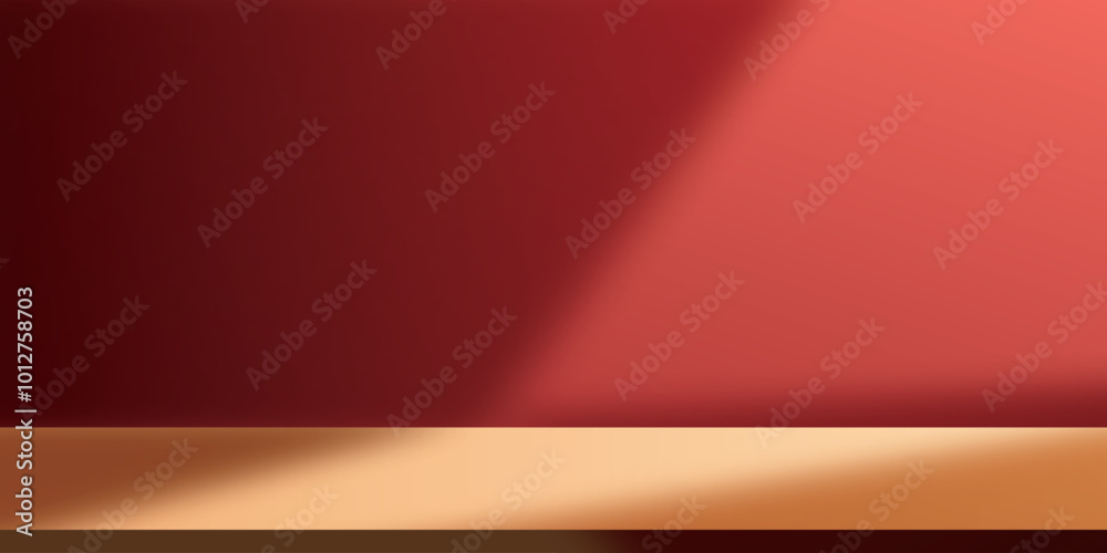 Aufkleber Empty table display on dark red wall. Background with window light and shadow. Mockup for presentation, branding products, cosmetics, food, technology or jewelry. Premium background