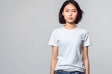 A confident young Asian woman stands against a light gray background, wearing a plain white t-shirt, exuding calmness and poise.
