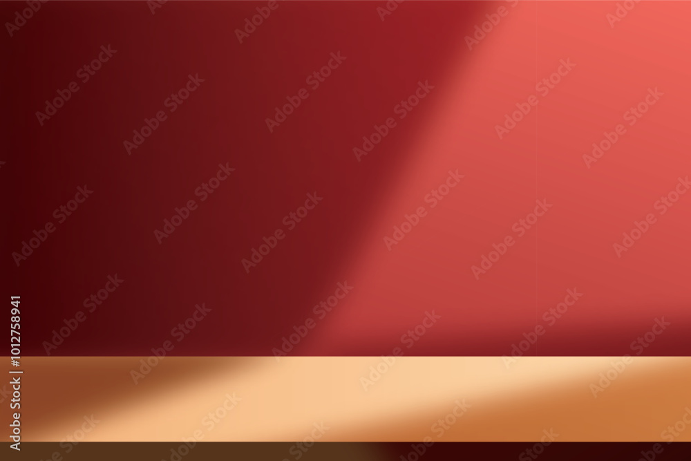 Poster Empty table display on dark red wall. Background with window light and shadow. Mockup for presentation, branding products, cosmetics, food, technology or jewelry. Premium background