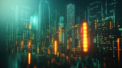 Fototapeta premium Abstract view of a city skyline influenced by economic policy changes, represented by digital overlays of economic data with neon light.