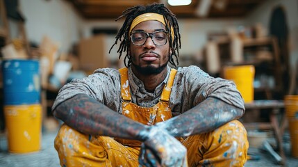 A dedicated artist sitting on the floor of a colorful studio surrounded by paint-covered tools and vibrant paint cans