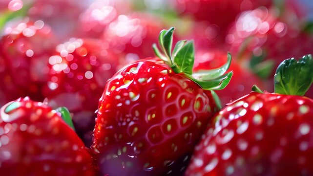 Freshly harvested strawberries glistening with water droplets in a sunny market environment