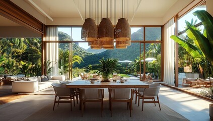 Fototapeta premium A large dining room with modern chairs and a wooden table