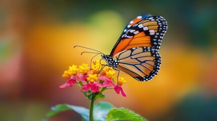 Fototapeta premium Butterfly on Flower with Vibrant Background