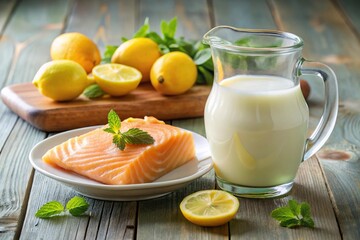 Fresh milk, whipping cream and lemonade bottles with salmon fillet in lemon cream sauce