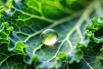 Fresh morning dew drops on kale leaves, macro photography
