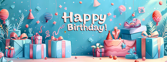 Colorful birthday celebration scene with wrapped gifts, balloons, and decorations in shades of pink and blue, creating a festive atmosphere.
