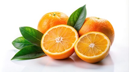 Fresh orange slices with leaves on white isolated background, reflected