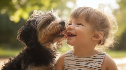 Puppy licking the face of a smiling child in a sunny park