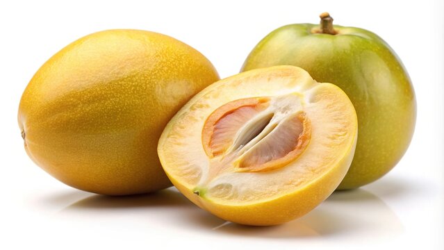 Fresh organic marula fruit cut in half with leaves isolated on white background