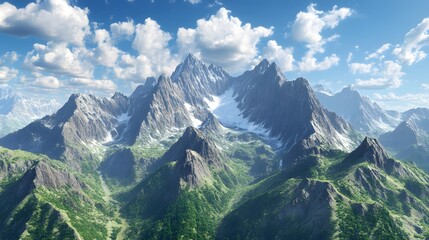 Majestic mountain landscape with lush greenery and blue skies.