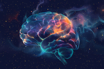 A vibrant cosmic brain illuminated with colorful nebulae and stars, symbolizing creativity and intelligence in a mystical universe.
