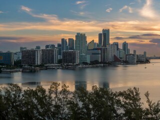 Fototapeta premium Downtown waterfront with buildings and condos at sunrise. Miami, Florida, United States.