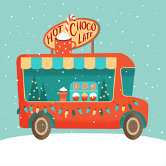 Christmas car with hot chocolate bar. Vintage flat style. Vector illustration