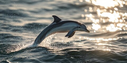 Fototapeta premium A dolphin leaps out of the water, backlit by the setting sun, creating a sparkling reflection on the water's surface.
