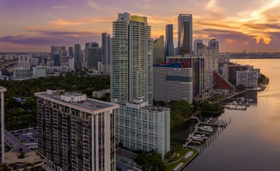 Fototapeta premium Downtown waterfront with buildings and condos at sunrise. Miami, Florida, United States.
