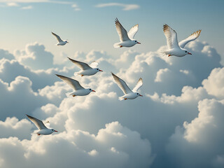 Obraz premium A flock of seagulls soaring gracefully through fluffy clouds in a bright blue sky during early morning light