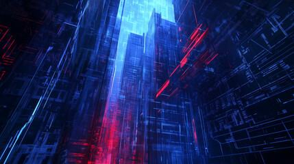 Abstract digital cityscape. Flowing lines, holograms. Futuristic tech. Blurred foreground. Red path for progress.