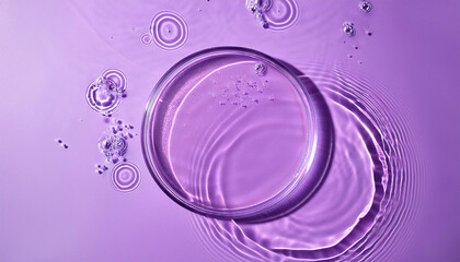 Fototapeta premium Top view of transparent round empty podium, splashes and bubbles on the purple surface water background. Empty platform for cosmetics. Blank minimal design concept.