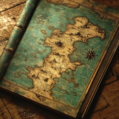 Antique Book Open to Vintage World Map with Compass and Mountains
