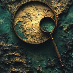 Antique Magnifying Glass and Vintage Map on Grunge Background
