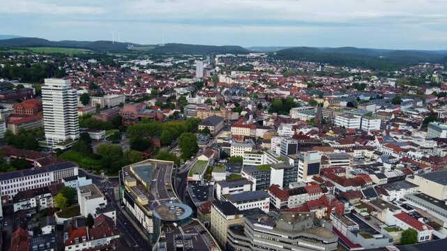Panoramic backwards Aerial Over Kaiserslautern Town Center, Germany