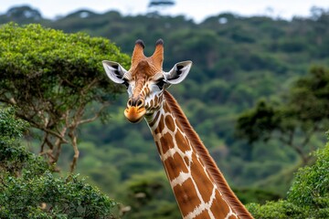 A giraffe stretching its neck toward the trees to reach higher branches, with the conservation area&acirc;&euro;&trade;s natural beauty showcased around it, symbolizing the protection of natural behaviors at the