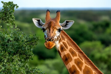 Fototapeta premium A giraffe stretching its neck toward the trees to reach higher branches, with the conservation areaâ€™s natural beauty showcased around it, symbolizing the protection of natural behaviors at the