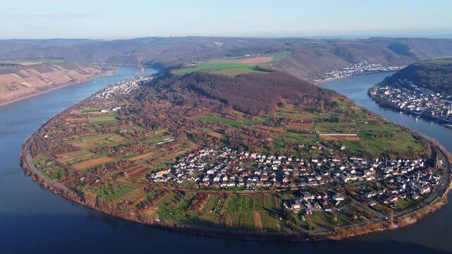 Rhine Meander Loop of Bopparder Hamm in Boppard, Autumn Drone View