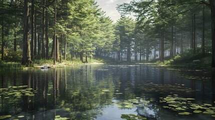 Serene forest landscape with a calm river and lush greenery.
