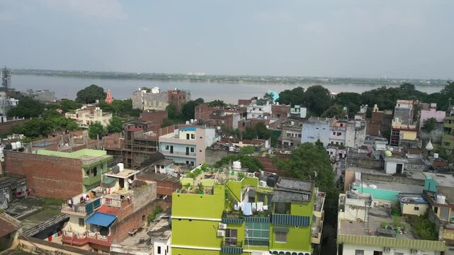 assi ghat release behind the buildings bird eye view in varanasi in india.