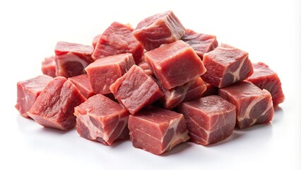 Fototapeta premium Fresh raw lamb meat cubes isolated on white background with a tilted angle