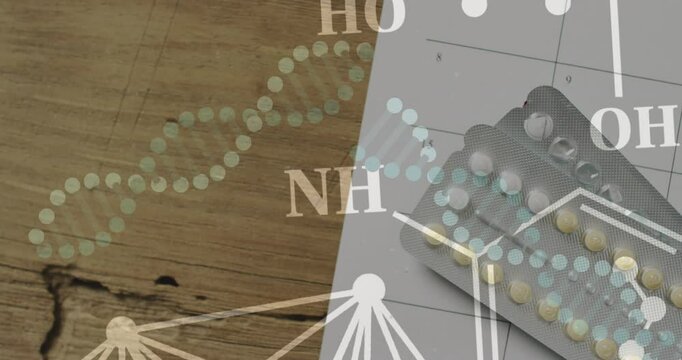 Animation of elements, network and dna strands moving over calendar and birth control pills