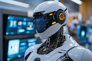 Fototapeta premium Advanced AI-driven city of tomorrow, with robots managing urban functions, digital displays everywhere, and seamless smart technology