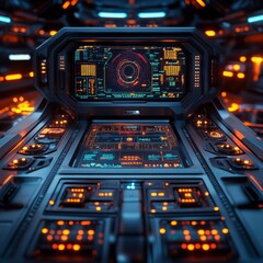 Futuristic Spaceship Control Panel with Glowing Interface
