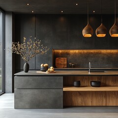 Modern Kitchen Interior Design with Dark Cabinets and Pendant Lights