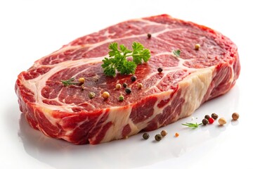 Obraz premium Fresh ribeye steak from marbled beef and spices on a white background