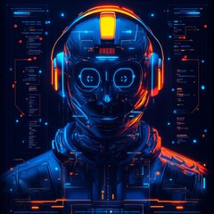 Futuristic Cyborg Portrait with Glowing Neon Lights and Digital Interface