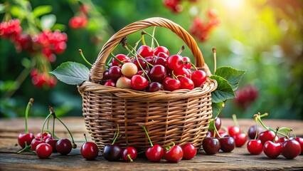 Fresh ripe cherries and red currants on table, low angle view
