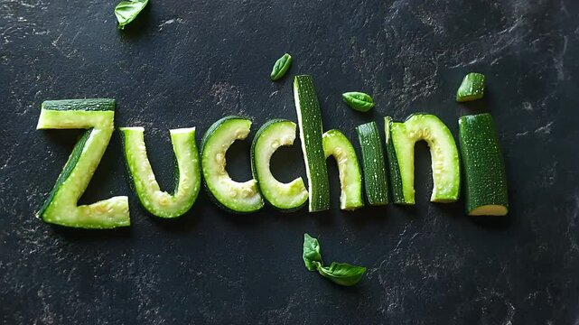 Zucchini Text on Dark Surface with Fresh Green Leaves