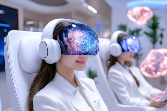 Futuristic school classroom where students learn through holographic lessons, surrounded by floating screens and digital tutors