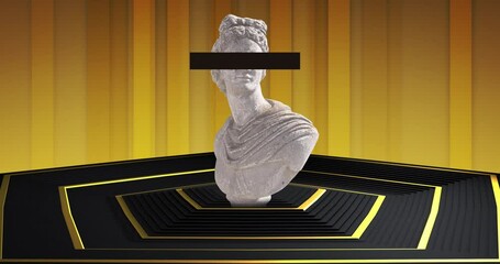 Animation of classical sculpture bust with censor bar over eyes with gold striped background
