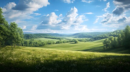 Fototapeta premium Lush green landscape under a blue sky with scattered clouds.
